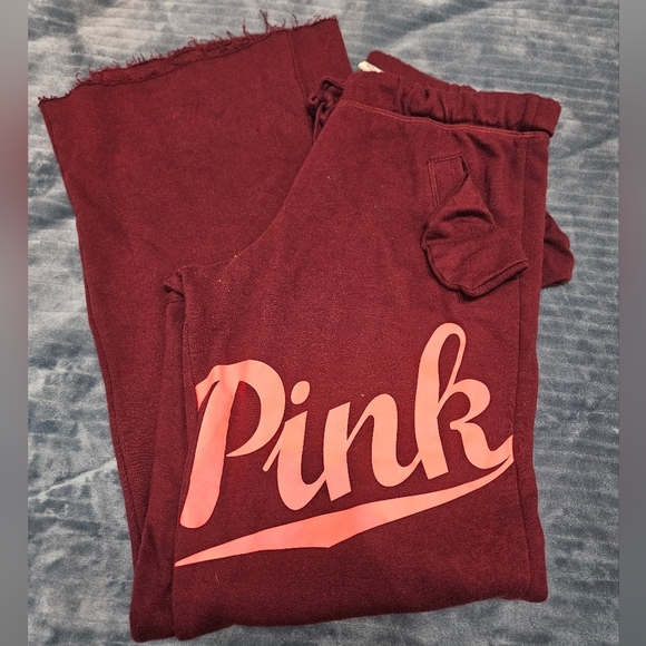 Pink Maroon Sweatpants With Pink Logo Raw Hem And Pockets! - Picture 1 of 6